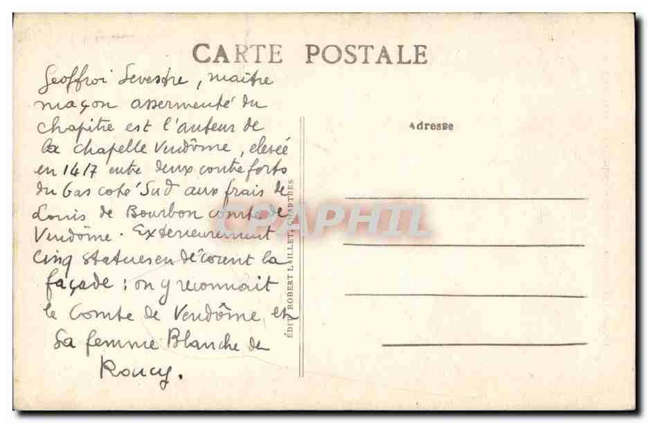 CPA Chartres Cathedrale Chapelle Vendome — Verso