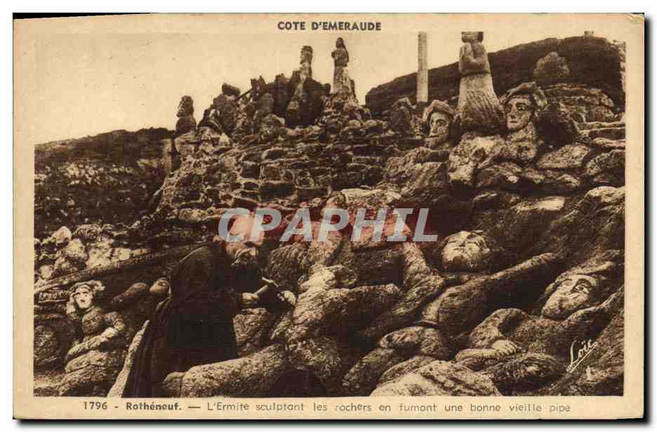 Rothéneuf — L'Ermité sculptant les rochers en fumant une bonne vieille pipe — Édition Mesny, Rennes