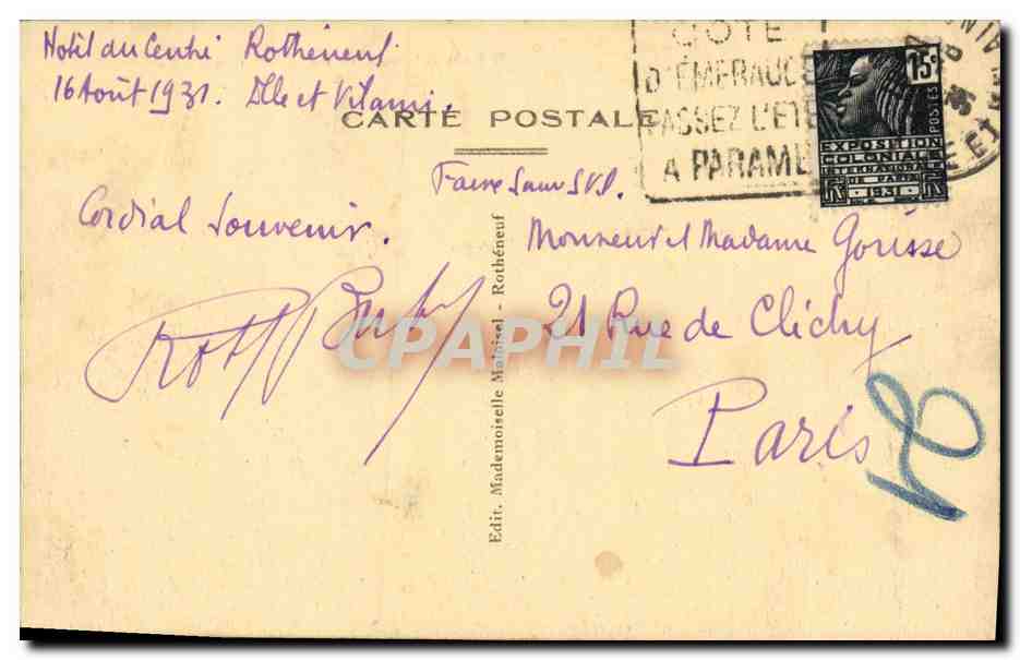 Rothéneuf — La Tour du Bonheur et la Plage du Minihic — Édit. Mademoiselle Maillot — Verso