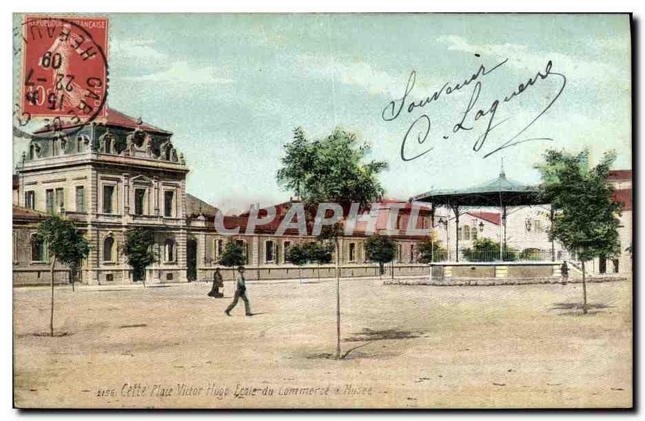 CPA Sete Place Victor Hugo Ecole du commerce et musee