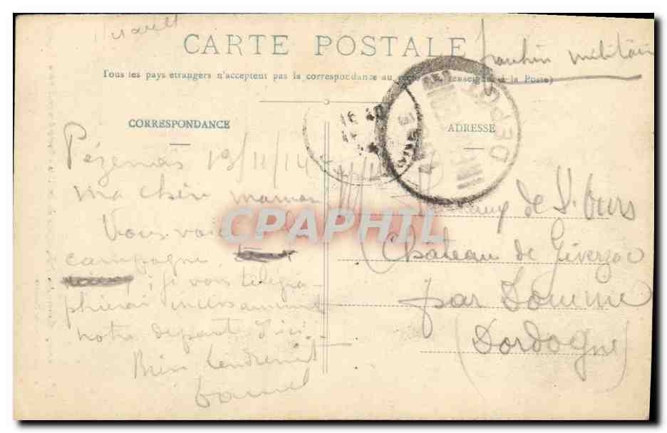 CPA Pezenas Grange des Pres sejour de Moliere Porte des anciennes casernes  — Rückseite