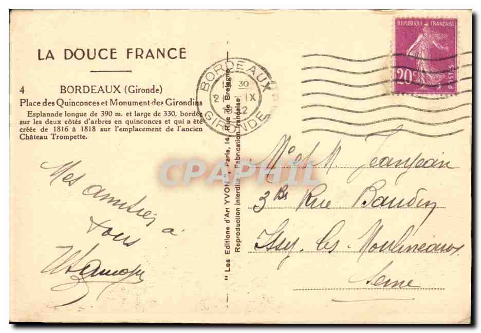 CPA Bordeaux Place des Quinconces et Monument des Girondins — Verso