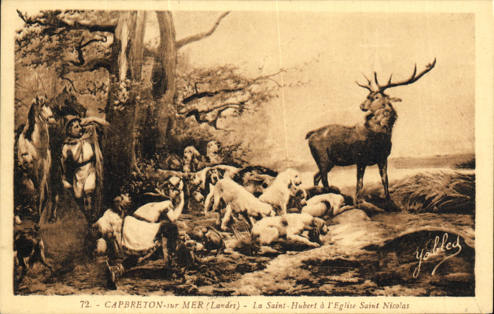 CPA Capbreton sur Mer La Saint Hubert a L Eglise Saint Nicolas Chiens Chasse