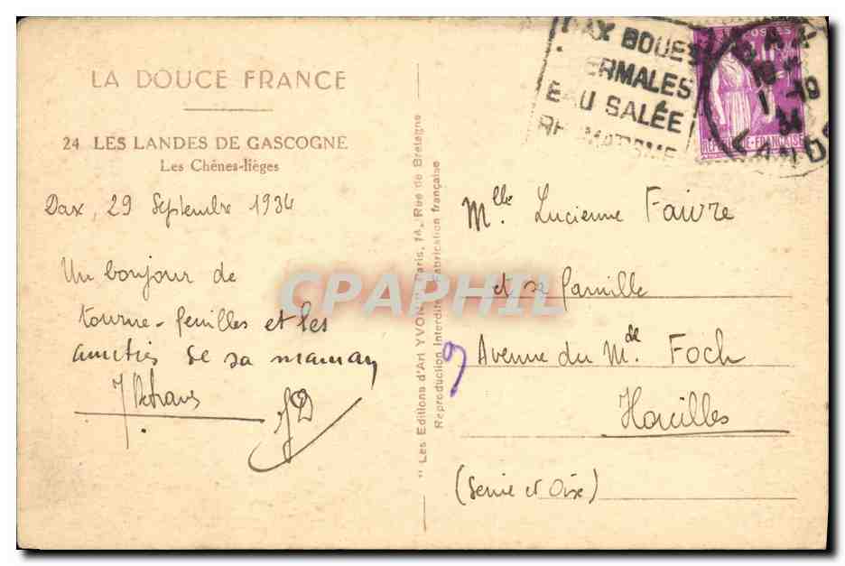 Les Chênes-lièges — Les Landes de Gascogne — Édition d'Art YVON, Paris — Rückseite