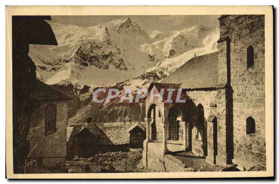 La Meije (3987 m.) vue des Terrasses — La vieille église romane du village — Éditions d'Art Yvonne Martel