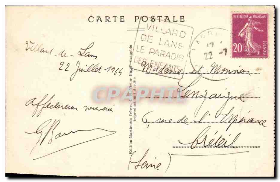 Villars-de-Lans en hiver — La Place et la Mairie — Édition Martinotto Frères, n° 356 — Verso
