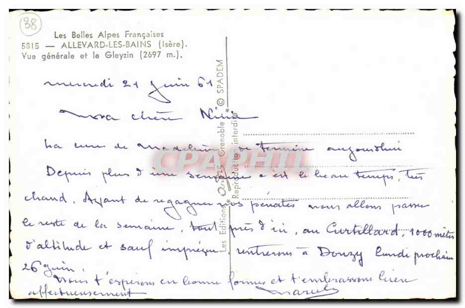 CPM Allevard les Bains Vue generale et le Massif du Gleyzin — Verso