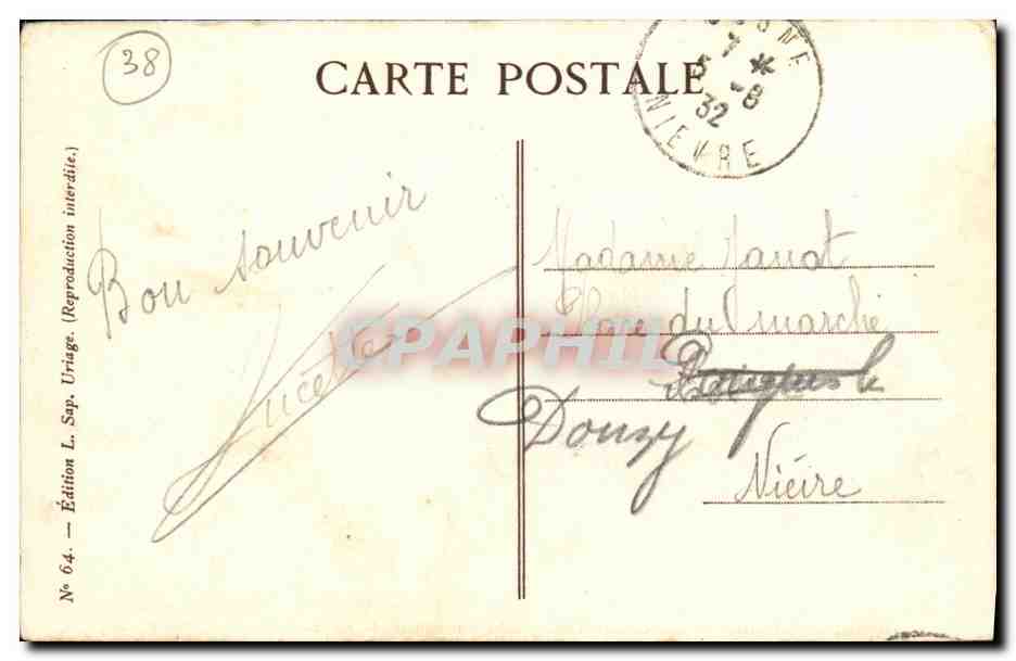 Uriage-les-Bains — Lac Crozet (1.980m) dans Belledonne — Au fond, Massif de Chartreuse — Édition L. Sp. Uriage, n° 64 — Verso