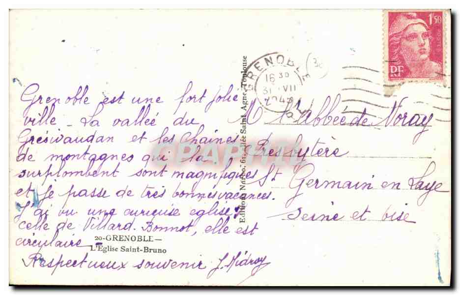 Église Saint-Bruno — Grenoble — Éditeur J. Marte, série 20 — Verso