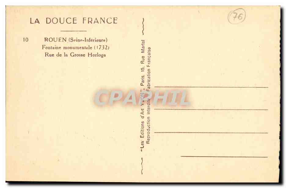CPA Rouen Fontaine monumentale Rue de la grosse horloge — Verso