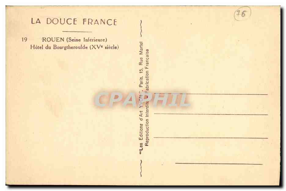 CPA Rouen Hotel du Bourgtheroulde — Verso