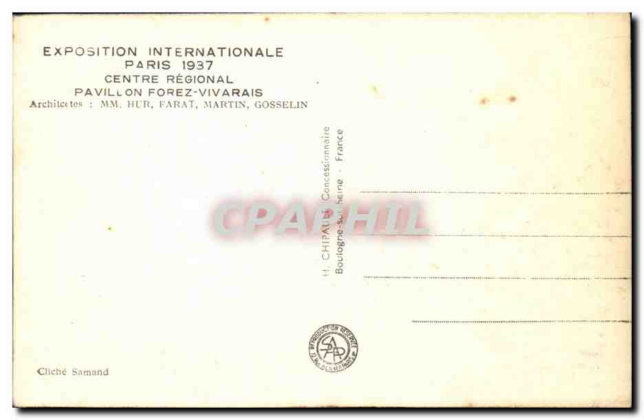 CPA Paris Exposition internationale 1937 Centre regional Pavillon Forez Vivarais  — Verso