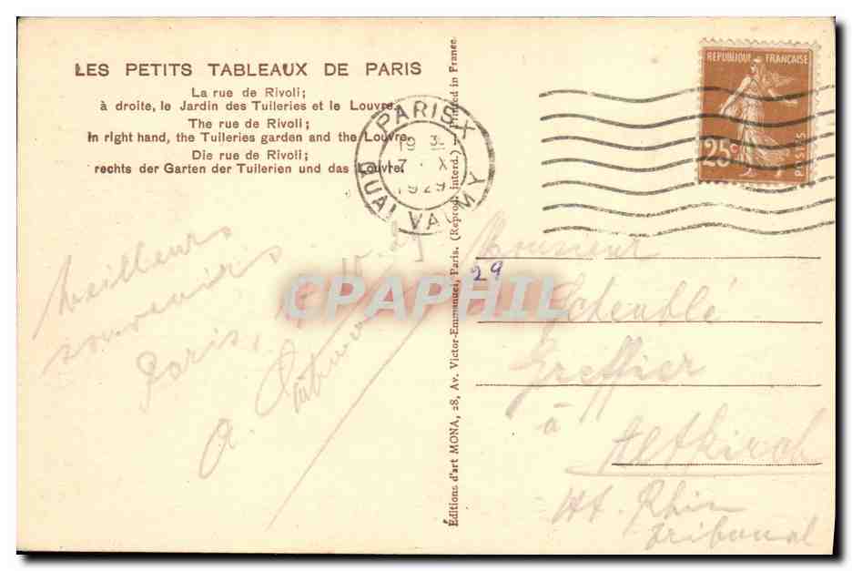 CPA Paris La rue de Rivoli Jardin des Tuileries et le Louvre — Verso