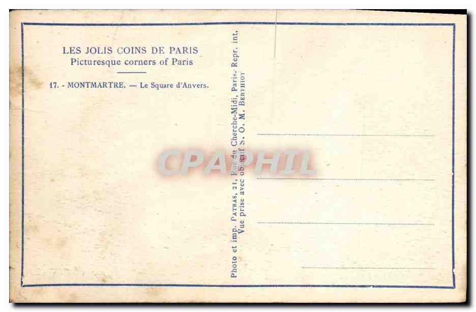 CPA Paris Montmartre Le square d Anvers — Rückseite