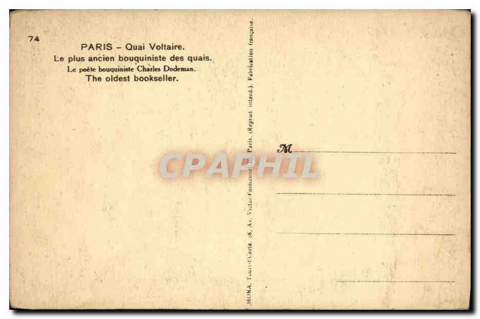 CPA Paris Quai Voltaire Bouquiniste Charles Dodeman — Rückseite