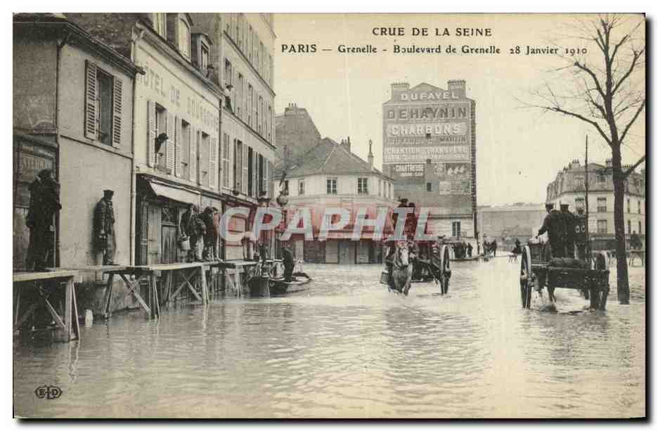 Crue de la Seine — Paris, Boulevard de Grenelle — 28 Janvier 1910 — Éditeur EHD