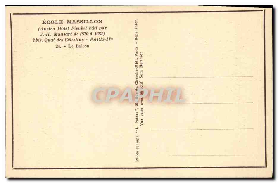 CPA Ecole Massillon bis Quai des Celestins Paris lV Le Balcon — Rückseite