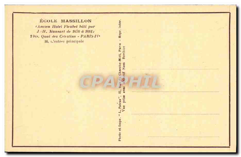 CPA Ecole Massillon bis Quai des Celestins Paris lV L entree principale — Verso