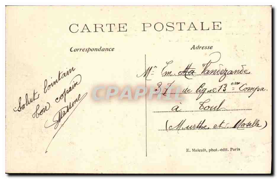 Vincennes — L'Aéroplane Henri Farman, moteur Gnôme, piloté par le Lieutenant Féquant et le Capitaine Marconnet, passant au-dessus de la caserne des Dragons lors de leur fameux raid Camp de Chalons-Vincennes — Rückseite