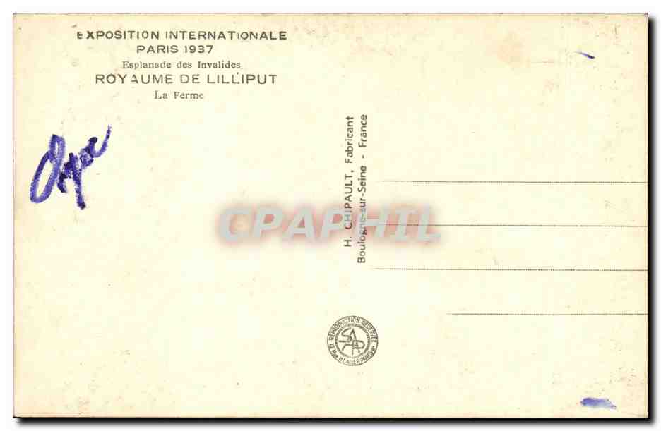 CPA Exposition Internationale Paris 1937 Esplanade des Invalides Royaume de Lilliput La Ferme Nains Cirque Poney  — Rückseite