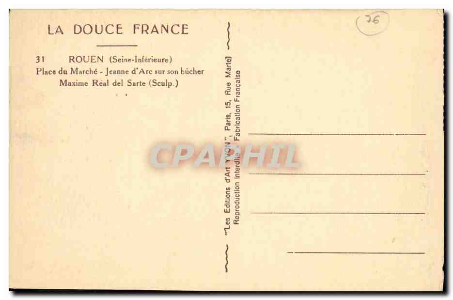 CPA Rouen Place du Marche Jeanne d Arc sur son bucher Maxime Real del Sarte  — Rückseite