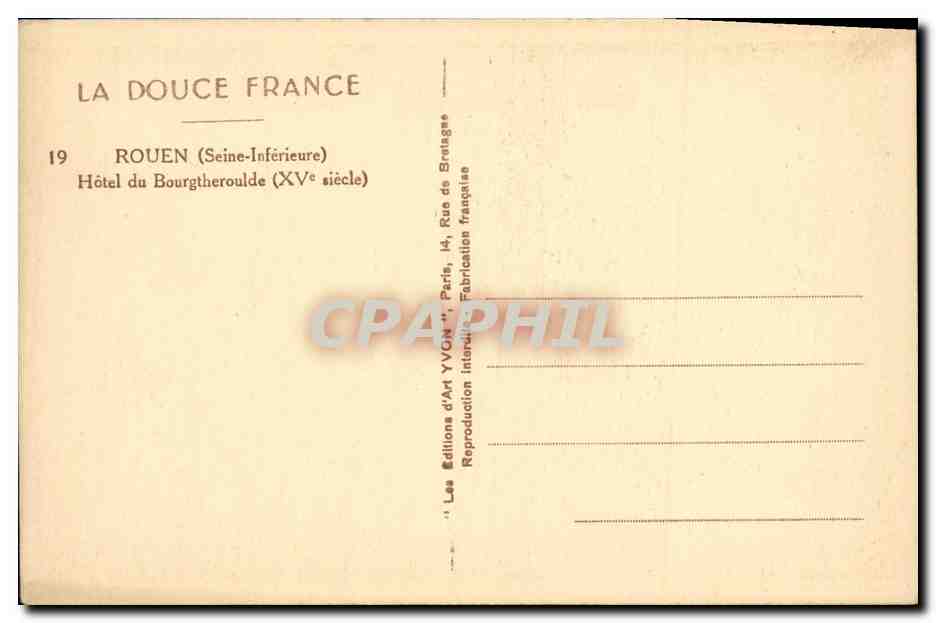 CPA Rouen Hotel de Bourgtheroulde — Verso