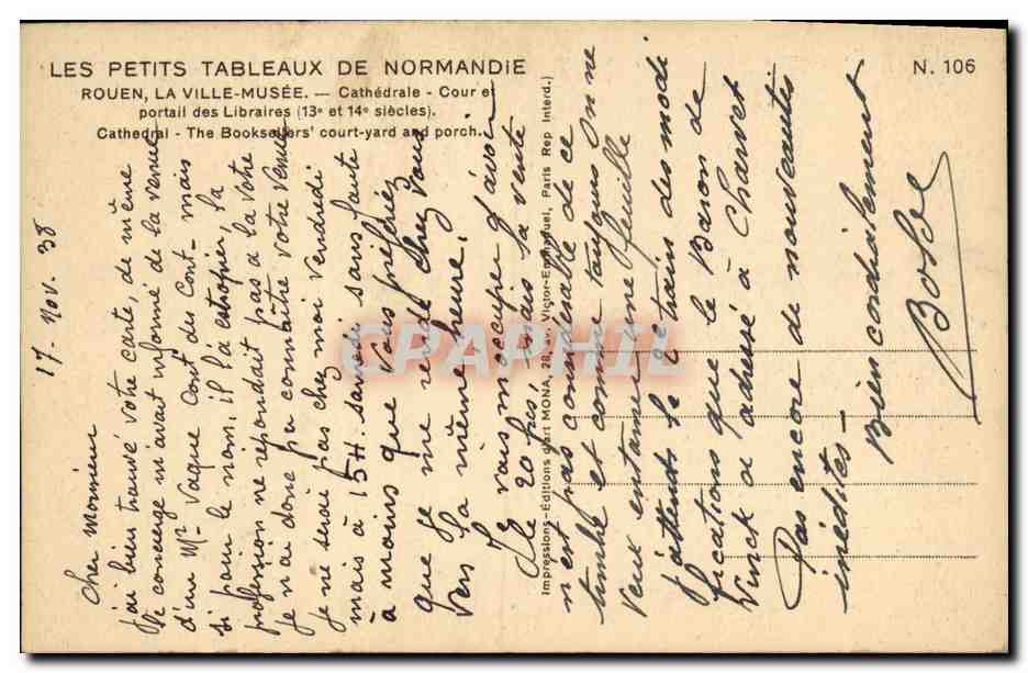 CPA Rouen La Ville Musee Cathedrale Cour et portail des libraires — Verso