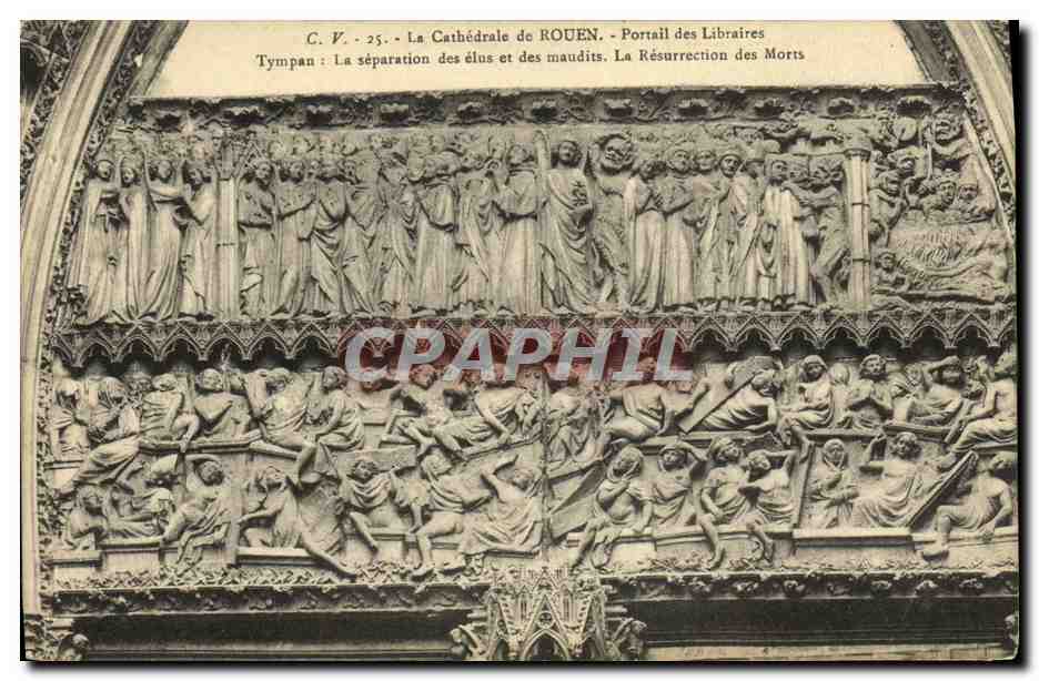 CPA Rouen La Cathedrale de Portail des Libraires tympan la separation des elus et des maudits La resurrection des morts
