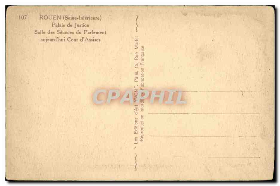 CPA Rouen Palais de Justice Salle des Seances du Parlement — Verso