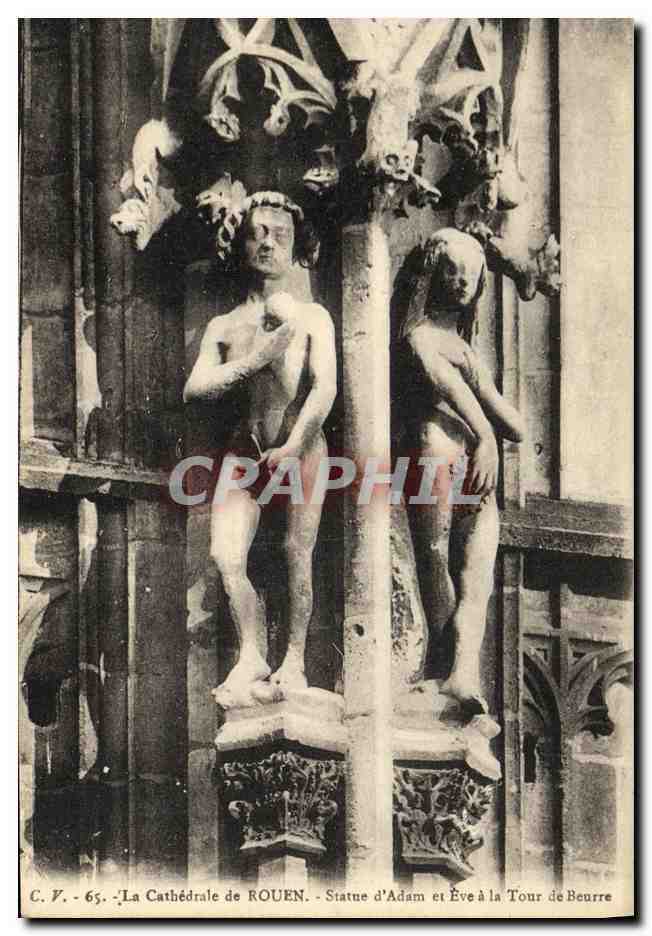 CPA Rouen La Cathedrale de Statue d Adam et Eve a la Tour