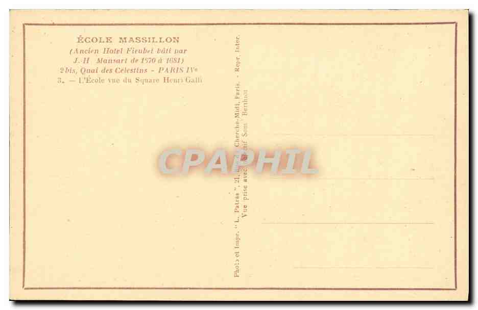 CPA Paris Ecole Massillon Quai Celestins — Verso