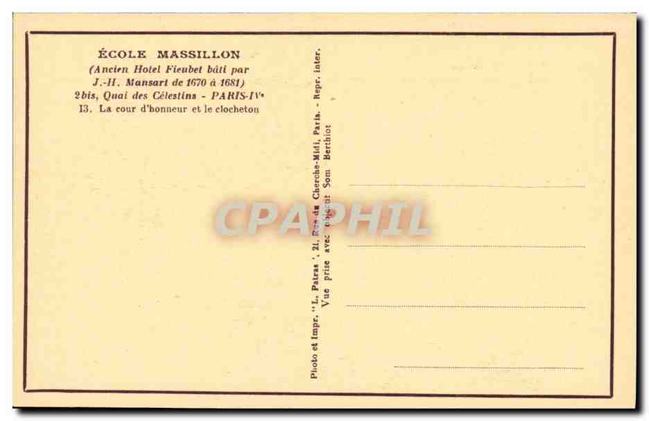 CPA Paris Ecole Massillon Quai des Celestins — Rückseite