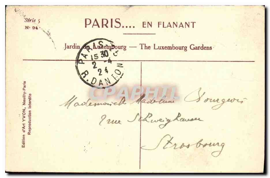 Jardin du Luxembourg — Allée des Platanes — Édition d'Art YVON, Série 5 N°94 — Verso