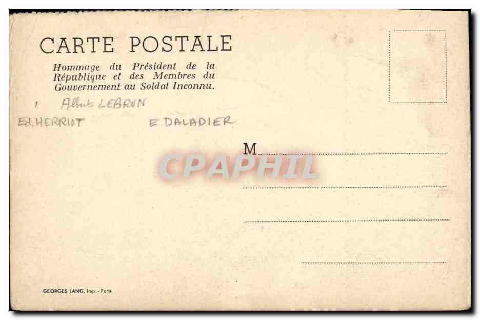 CPA Paris Hommage du President de la Republique au soldat Inconnu Herriot Lebrun Daladier — Rückseite