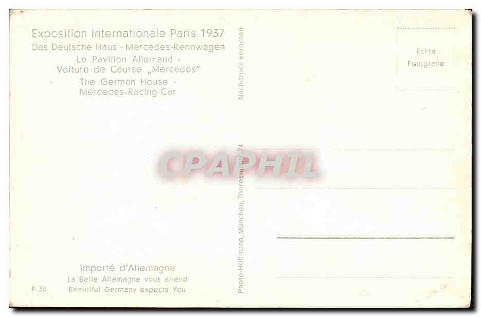 CPA Exposition Internationale Paris 1937 Le pavillon allemand Mercedes Automobile Drapeau nazi — Verso