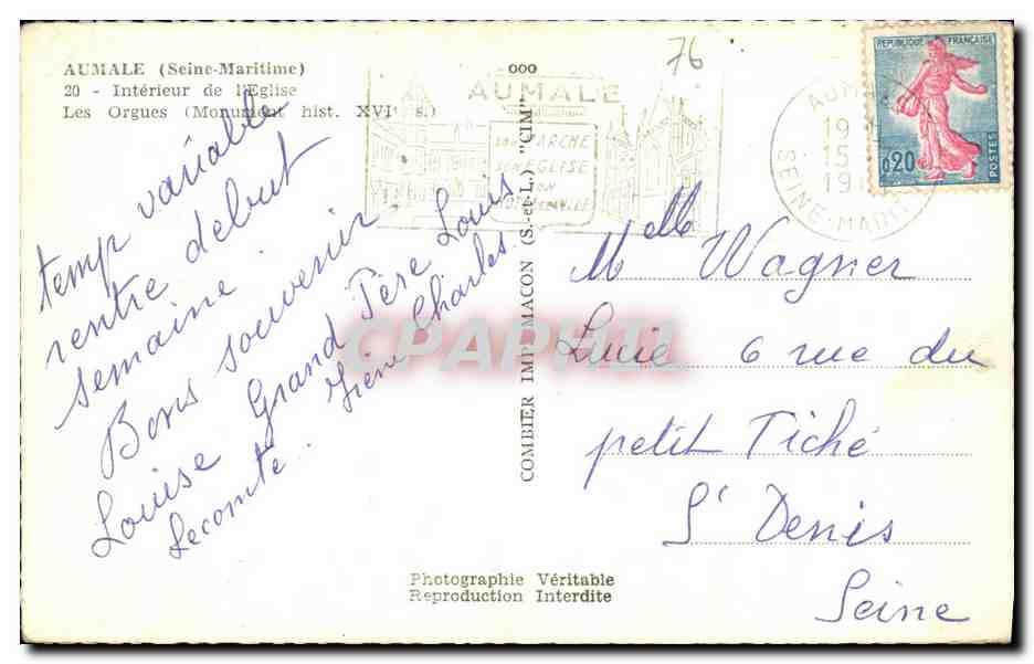 CPA Aumale Interieur de l Eglise Les Orgues  — Rückseite