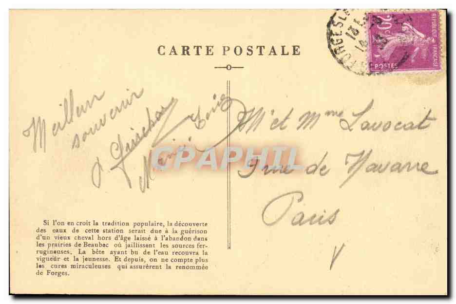 CPA Forges les Eaux Station Thermale Casino Interieur de la grotte ou se font les cures — Rückseite