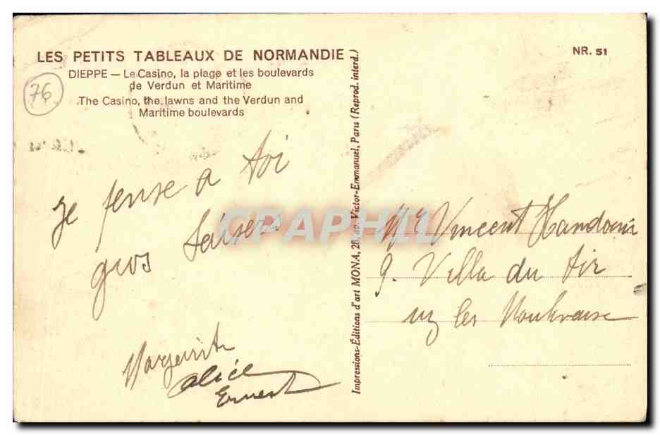 CPA Dieppe Le Casino la Plage et les boulevards de Verdun et Maritime  — Rückseite