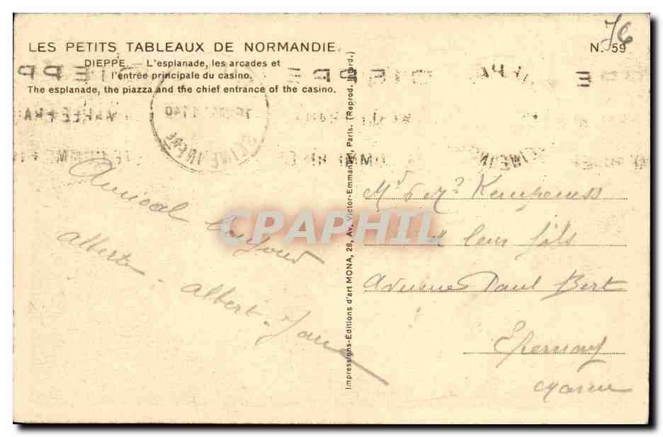 CPA Dieppe L esplanade Les arcades et l entree principale du casino — Rückseite