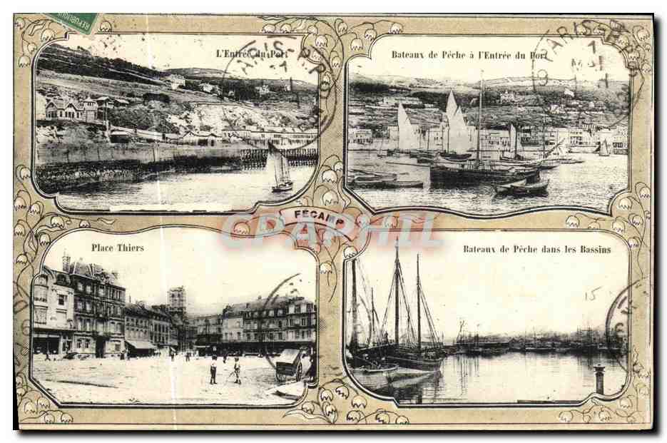CPA Fecamp L entree du port Bateaux de peche a l entree du port Place Thiers
