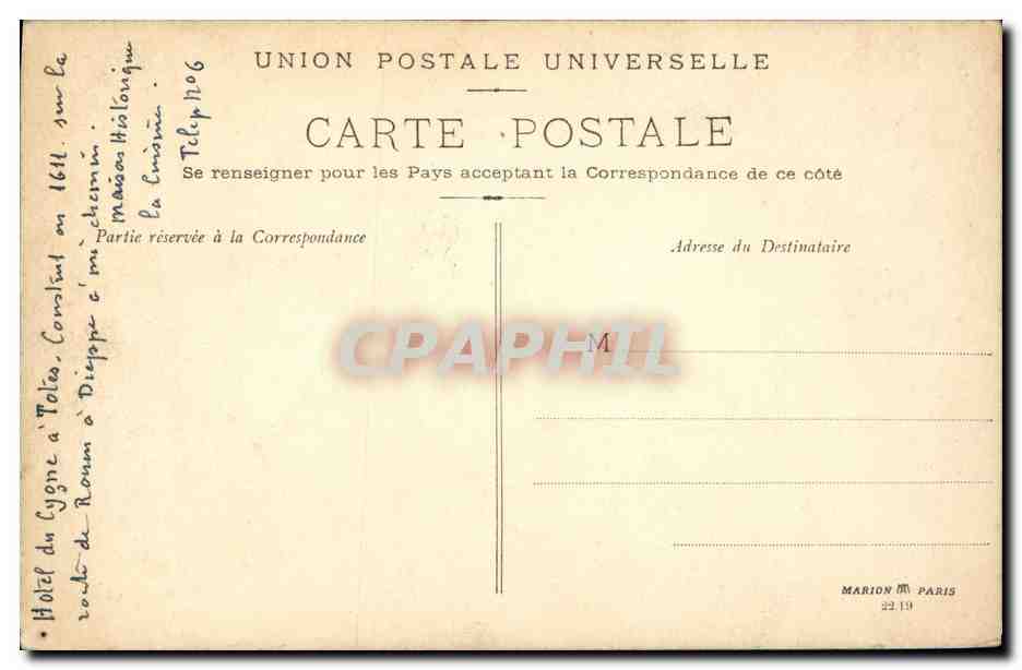 CPA Hotel du Cygne a Totes sur la route de Rouen a Dieppe  — Rückseite