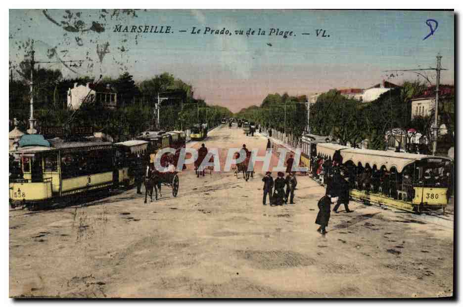 CPA Marseille Le Prado Vu de la Plage Tramways