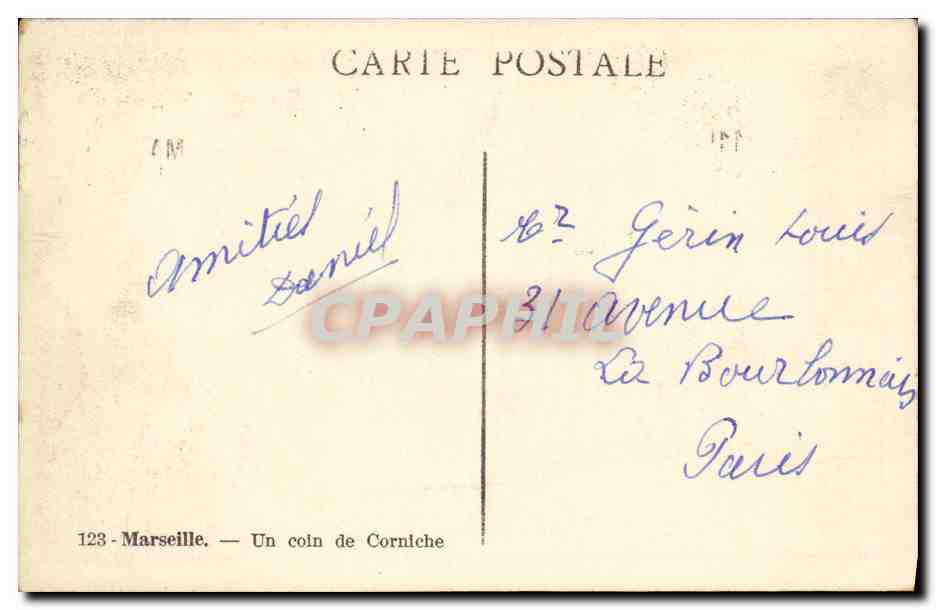 CPA Marseille Un coin de Corniche  — Verso