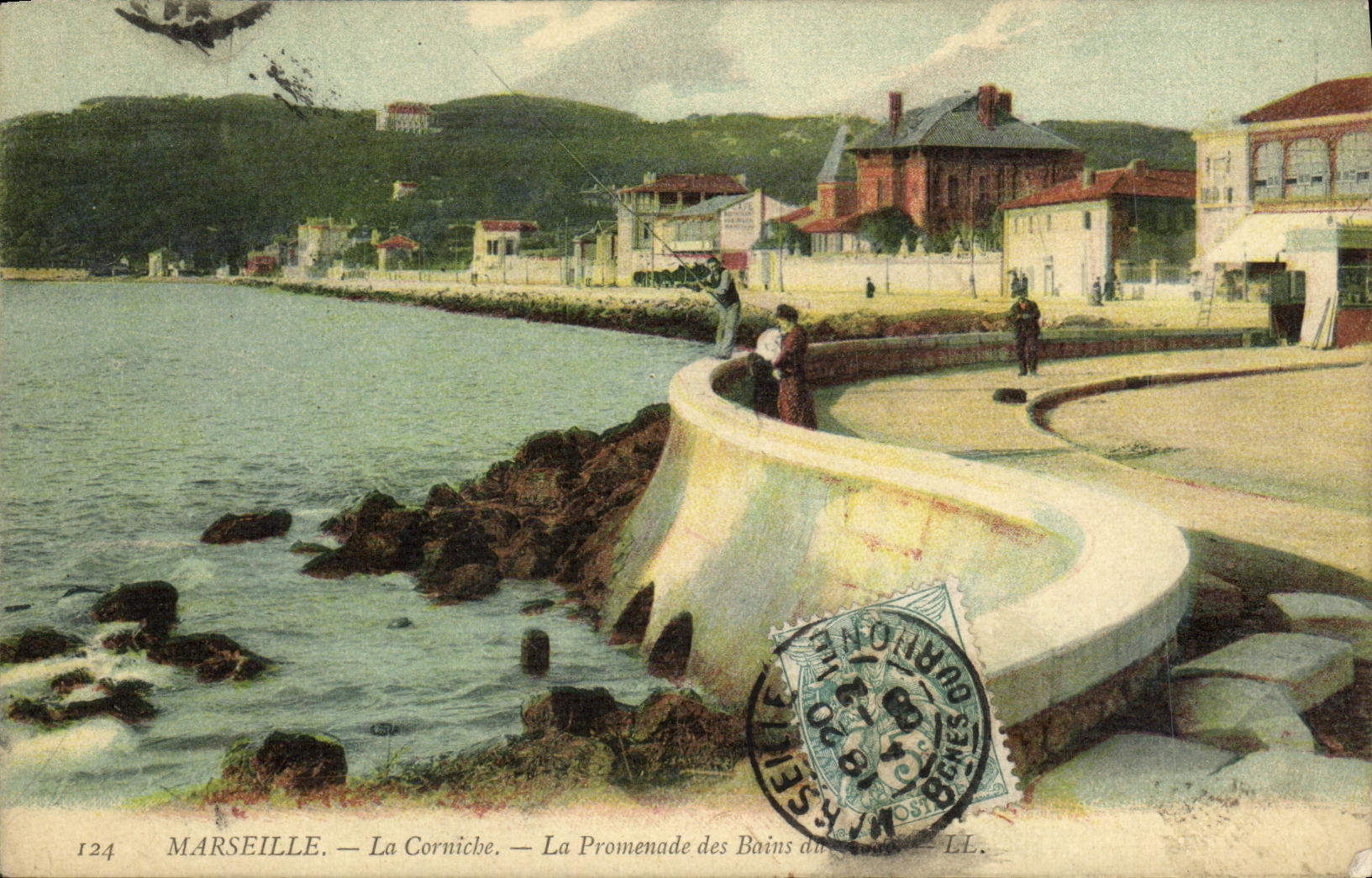 CPA Marseille La Corniche La Promenade des Bains Peche pecheur
