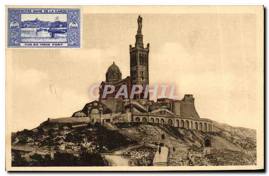 CPA Marseille Basilique N D de la Garde Vignette Vue du Vieux port