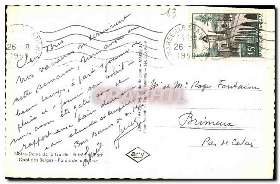 CPA Marseille Notre Dame de la Garde Entree du port Quai des Belges Palais de la Bourse — Verso
