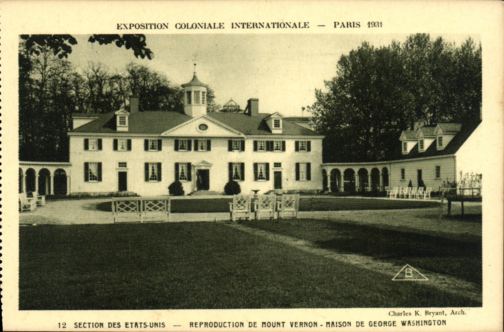 Nachbildung von Mount Vernon - Wohnhaus von George Washington — Internationale Kolonialausstellung — Paris 1934 — Sektion der Vereinigten Staaten — Charles K. Bryant, Arch.
