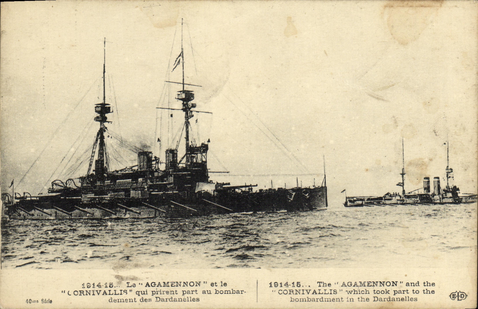 CPA Bateau Guerre Le Agamennon et le Cornivallis qui prirent part au bombardement des Dardanelles