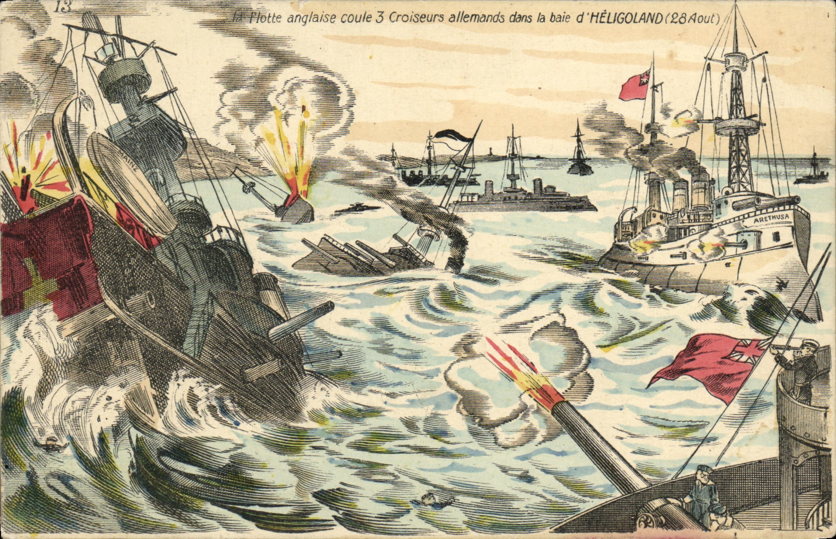 CPA Bateau Guerre La flotte anglaise coule Croiseurs allemands dans la baie d Heligoland Heligoland