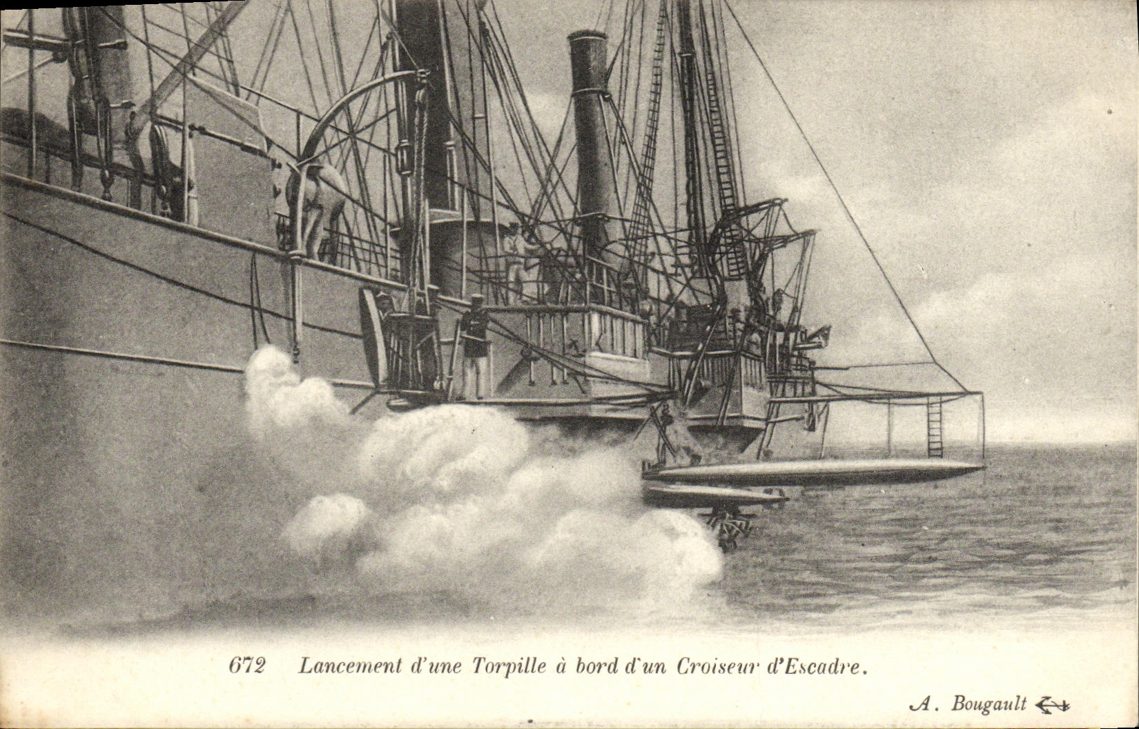 CPA Bateau Guerre Lancement d une Torpille a bord d un Croiseur d Escade
